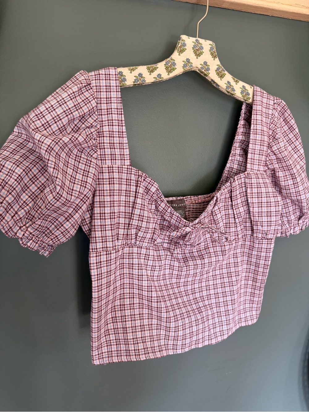 Sans Souci Lavender Plaid Square Neck Puff Sleeve crop Top sz large
